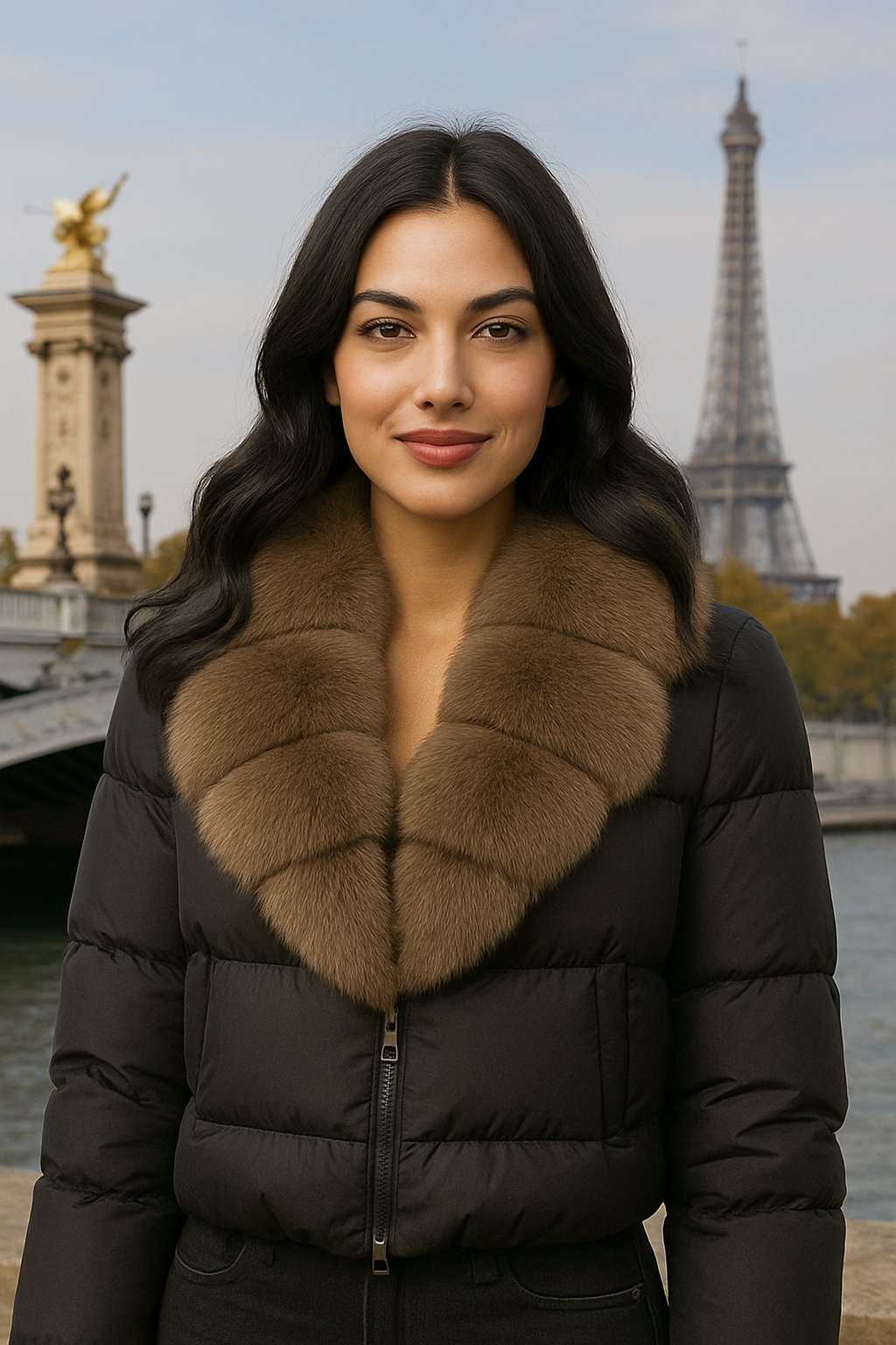 Kurz geschnittene Daunenjacke mit lockerem Schnitt und warmem Fuchspelzkragen