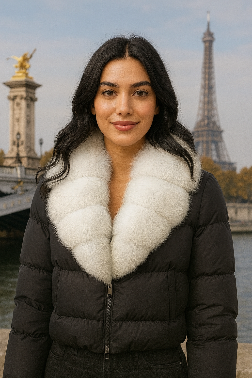 Kurz geschnittene Daunenjacke mit lockerem Schnitt und warmem Fuchspelzkragen