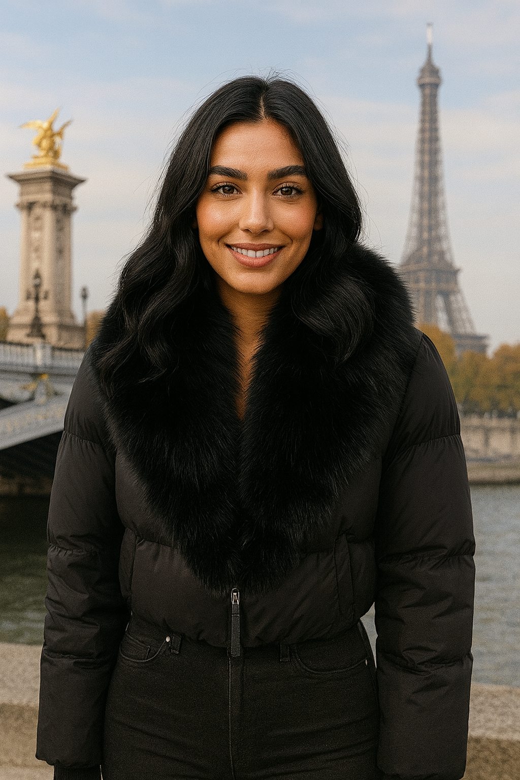 Kurz geschnittene Daunenjacke mit lockerem Schnitt und warmem Fuchspelzkragen